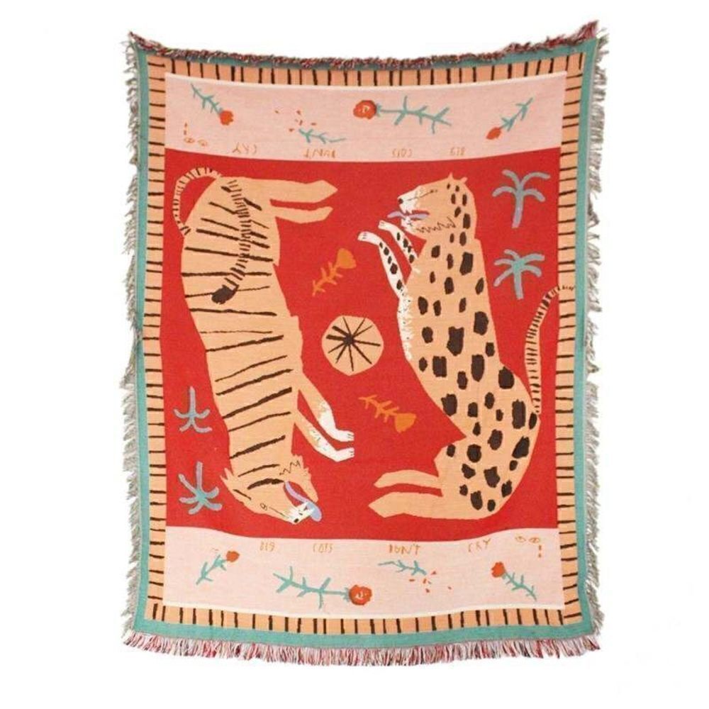 Tiger and Cheetah Boho Orange Woven Throw Blanket Tapestry Big Cats Don’t Cry